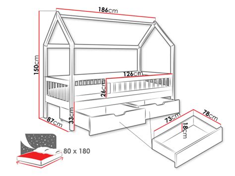 Infografika przedstawiająca wymiary i cechy bezpieczeństwa łóżka dziecięcego