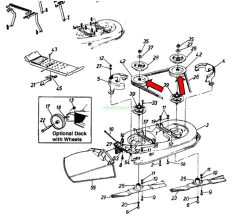 schemat budowy kosiarki elektrycznej MTD Smart 32 E z zaznaczonymi kluczowymi elementami: silnik, kosz, regulacja wysokości, szerokość robocza