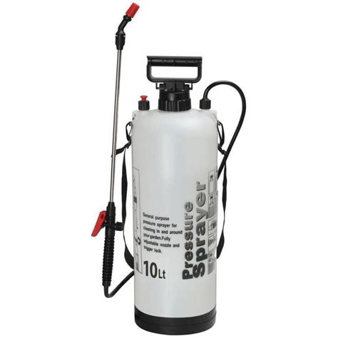 Thematic photo of a 10L pressure sprayer in a garden setting, possibly with some plants