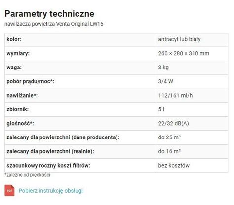 Tabela ze specyfikacją techniczną jako infografika.