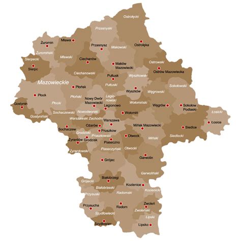 Mapa województwa mazowieckiego z zaznaczoną Warką i Grójcem