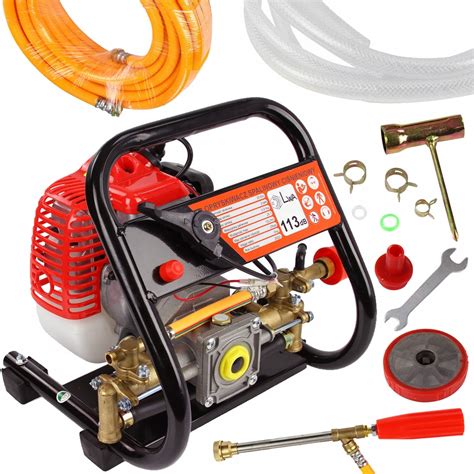 Ilustracja opryskiwacza spalinowego Powermat PM-OPS-14 z zaznaczonymi elementami konstrukcyjnymi