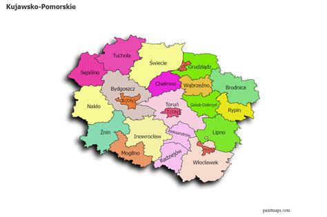 Map of Kujawsko-Pomorskie with highlighted cities where agricultural machinery is sold