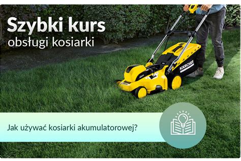 Infografika przedstawiająca kluczowe parametry wyboru kosiarki akumulatorowej: pojemność kosza, szerokość koszenia, waga, parametry akumulatora.