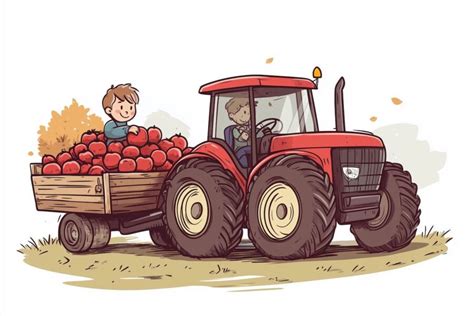 Uśmiechnięty traktor z wesołymi dziećmi na polu