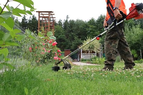 zdjęcie kosy spalinowej w pracy, z widoczną szeroką strefą cięcia