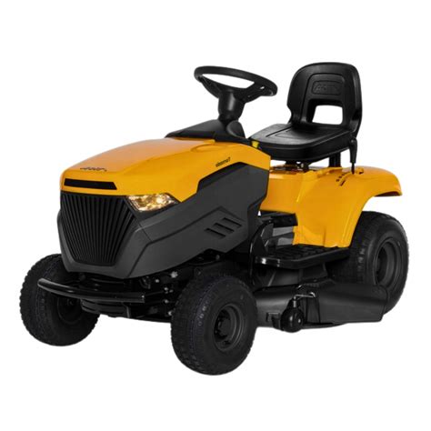 Traktorek kosiarka koszący duży trawnik, widok z boku