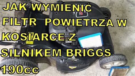 Infografika przedstawiająca schemat wymiany filtra powietrza w kosiarce spalinowej