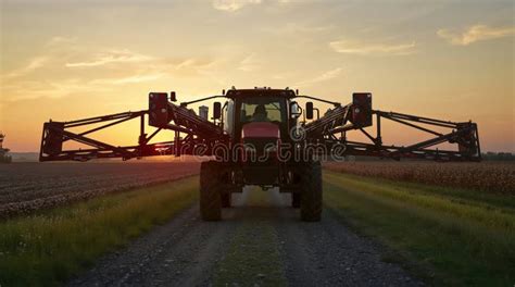Thematic photo of a field sprayer working in a field at sunrise in Opole region
