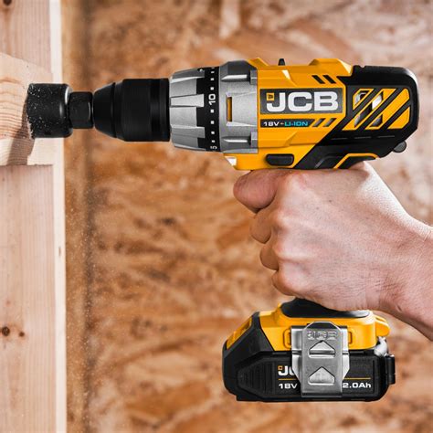Thematic photo of a JCB 18V cordless drill/driver and a charger