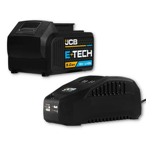 Infographic showing different types of JCB 18V chargers (single fast, dual port) and compatible batteries