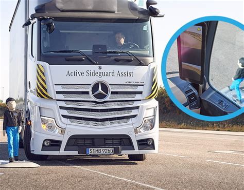 Infografika przedstawiająca działanie systemu MirrorCam lub Active Sideguard Assist w Mercedes-Benz Actros MP5