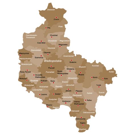 Mapa Wielkopolski z zaznaczonymi miejscowościami, w których obserwowano aktywność rynku ciągników rolniczych