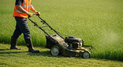 Thematic photo of a person mowing a lawn with a petrol lawnmower in a well-maintained garden