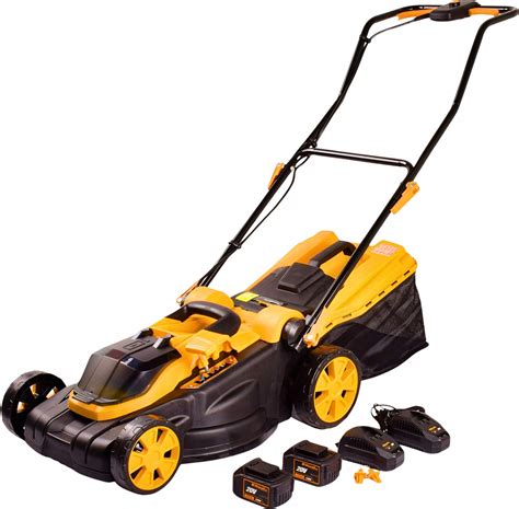 The Riwall 40V 8Ah cordless lawnmower in action, showing its ergonomic design and lack of power cords