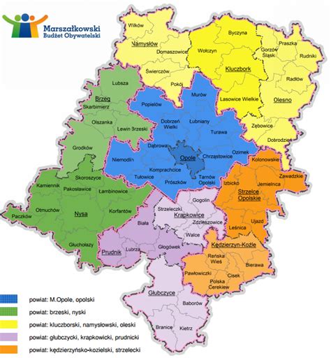 Mapa województwa opolskiego z zaznaczonymi głównymi miejscowościami, gdzie można znaleźć ogłoszenia dotyczące maszyn rolniczych.