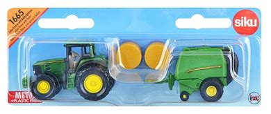 Model zabawkowy ciągnika John Deere z prasą Siku w skali 1:87