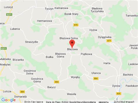 Map showing Błażowa and surrounding towns in Podkarpackie region with highlighted search radius