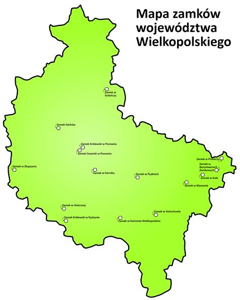 Mapa województwa wielkopolskiego z zaznaczonymi miastami, w których najczęściej pojawiają się ogłoszenia o sprzedaży agregatów uprawowych