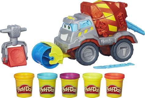 Thematic photo of Play-Doh concrete mixer toy with play-doh elements