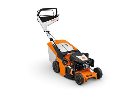 Thematic photo of a Stihl RM 443 petrol lawnmower in a medium-sized garden