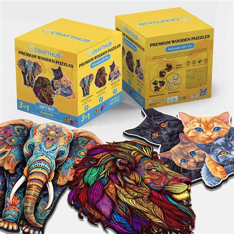 Kolekcja różnych drewnianych puzzli 3D od Craft Hub