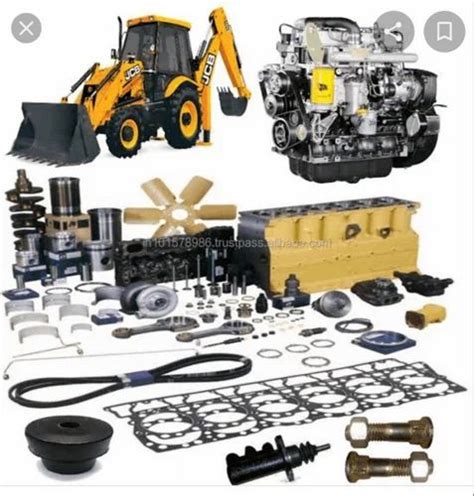 Infographic showing different types of JCB spare parts (filters, hoses, engine parts)