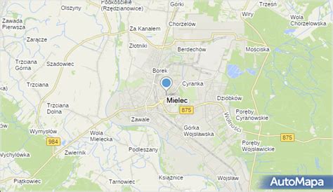 mapa drogowa okolic Mielca z zaznaczonymi głównymi drogami