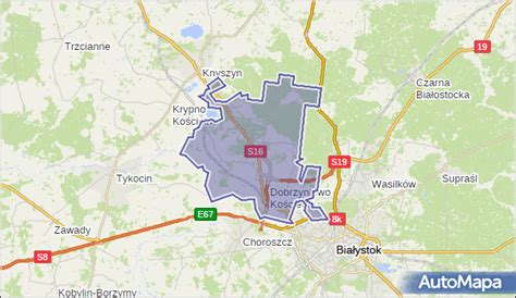 Map showing Dobrzyniewo Duże and surrounding agricultural areas in Podlaskie