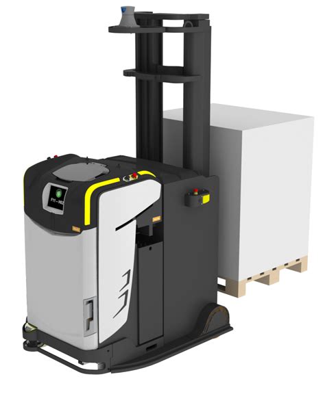 Robot magazynowy Rocla AGV w akcji, transportujący paletę w zautomatyzowanym magazynie