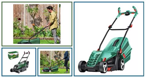 Diagram illustrating various benefits of Bosch electric lawnmowers