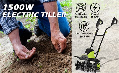 Thematic photo of an electric tiller working in a garden bed
