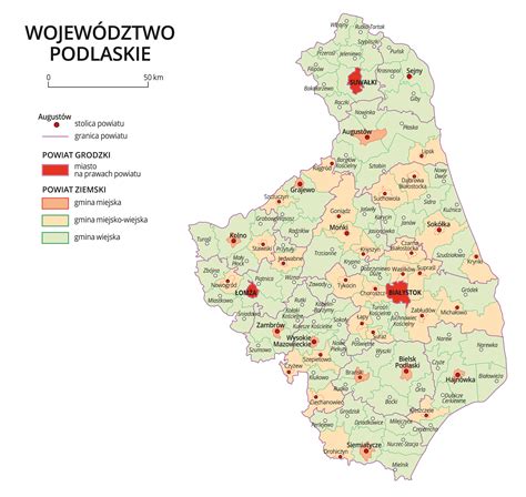 Mapa województwa podlaskiego z zaznaczonym Białymstokiem