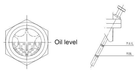 Cross-section diagram of a power harrow gearbox with oil level indication