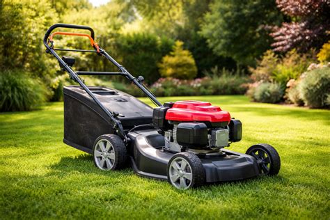 Zdjęcie przedstawiające różne modele kosiarek spalinowych Honda na tle zadbanego ogrodu.
