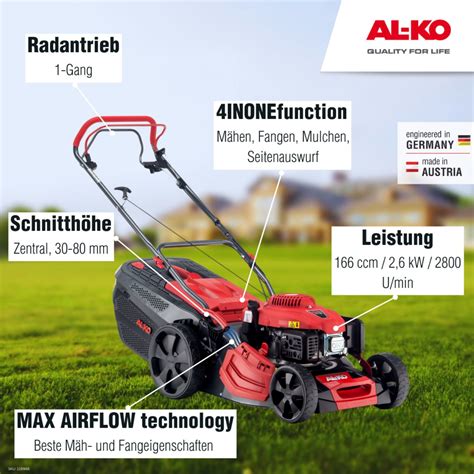 Infographic comparing AL-KO 46.0 SP-A Comfort and Premium 470 SP-A features