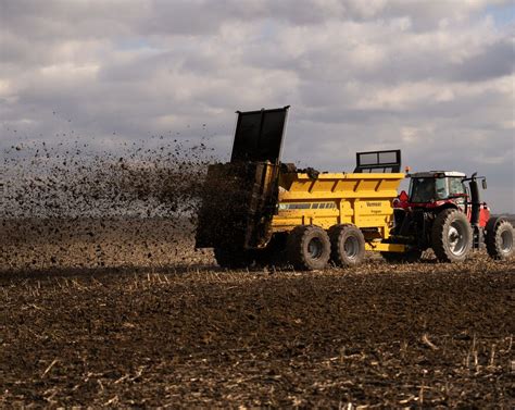 Thematic photo of a manure spreader in a field during operation