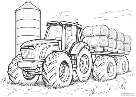 Ilustracja przykładowej kolorowanki przedstawiającej traktor z doczepionym opryskiwaczem