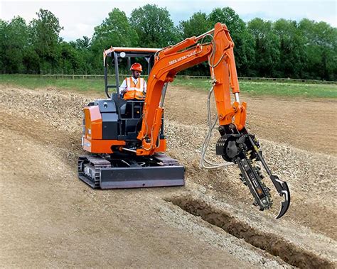 Thematic photo of a compact excavator with a chain trencher working on a small construction site