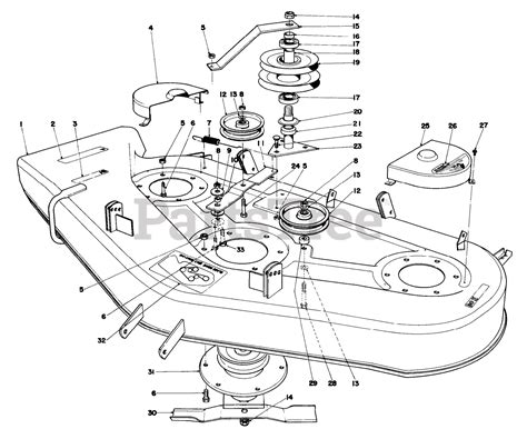 Technical diagram of a lawn tractor cutting deck