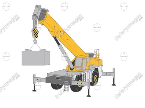 Technical diagram of a self-propelled crane with extended outriggers