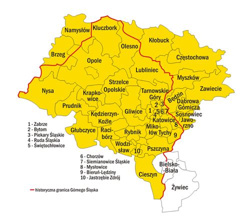 mapa regionu Śląska z zaznaczeniem Czerwionki-Leszczyn i pobliskich miast