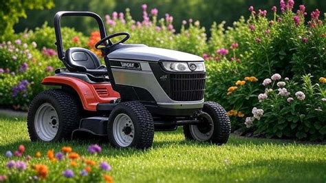 Thematic photo of a modern garden tractor working in a garden