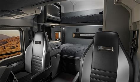 Interior of a modern truck cabin with a sleeping area