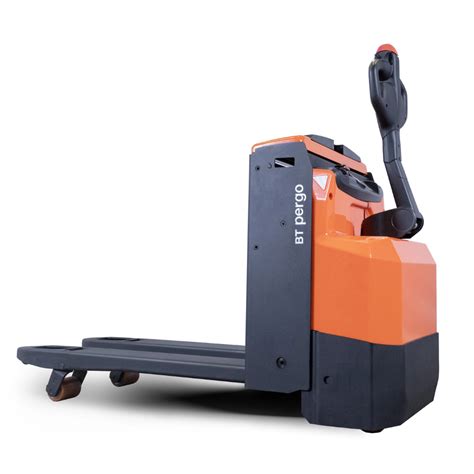 The Toyota BT Staxio electric pallet truck operating in a narrow warehouse aisle, lifting a pallet.
