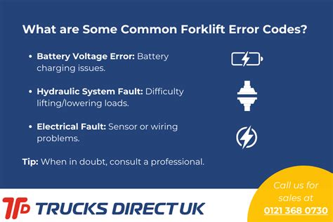 Infographics showing common forklift error codes and their associated issues (e.g., engine, hydraulic, sensor).