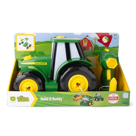 Zestaw John Deere Build-A-Buddy z wywrotką i wiertarką, prezentujący możliwość rozkładania i składania