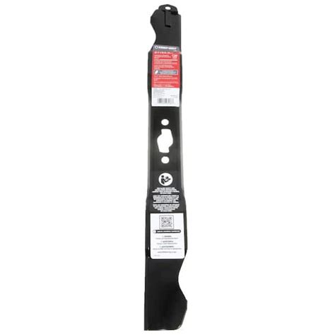 Close-up photo of a MTD lawnmower blade with measurements