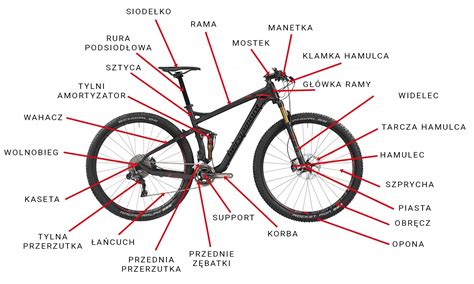 Schemat budowy ramy roweru górskiego z zaznaczoną amortyzacją