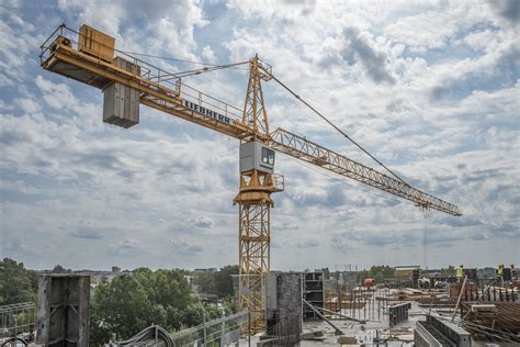 Zdjęcie przedstawiające żurawie wieżowe na dużym placu budowy